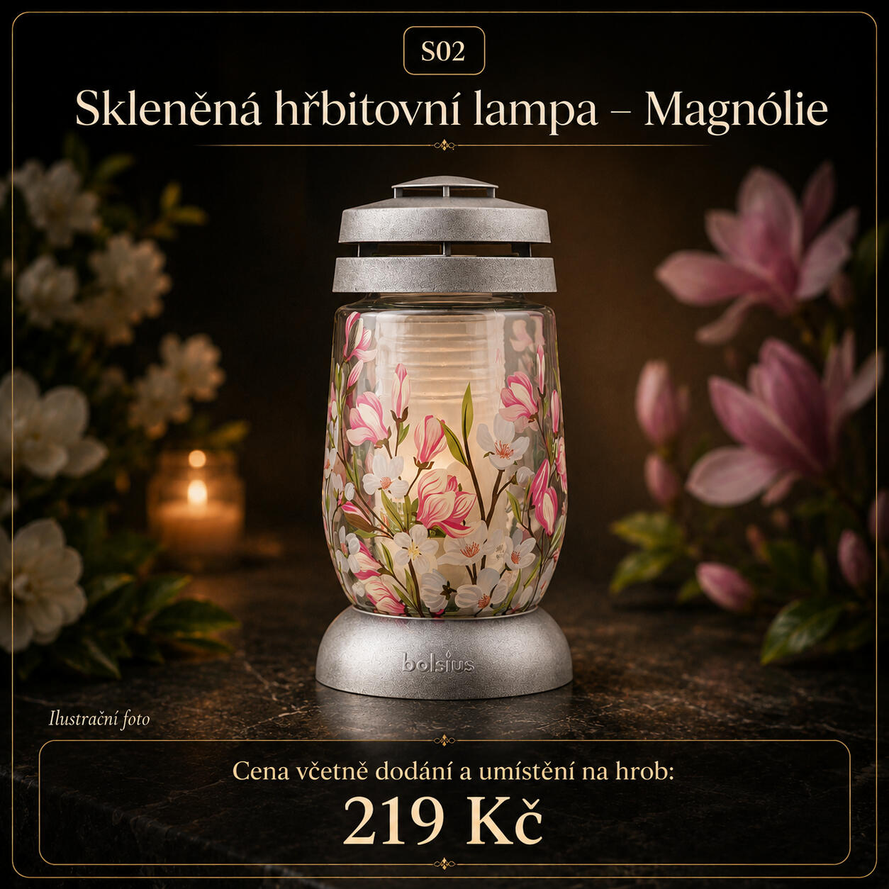 Skleněná hřbitovní lampa Magnolie Skleněná hřbitovní lampa Magnolie