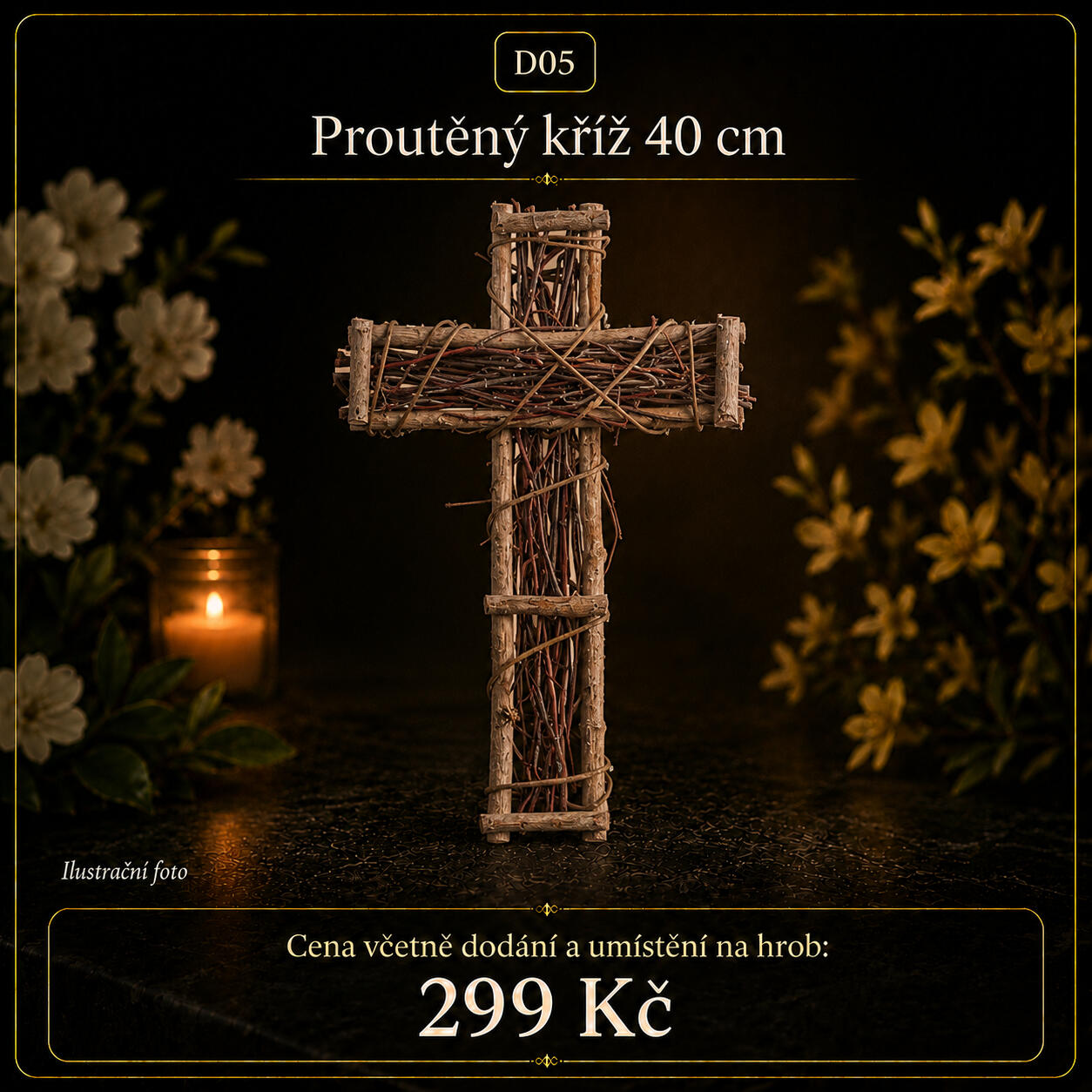 Hřbitovní dekorace Kříž z proutí 40cm